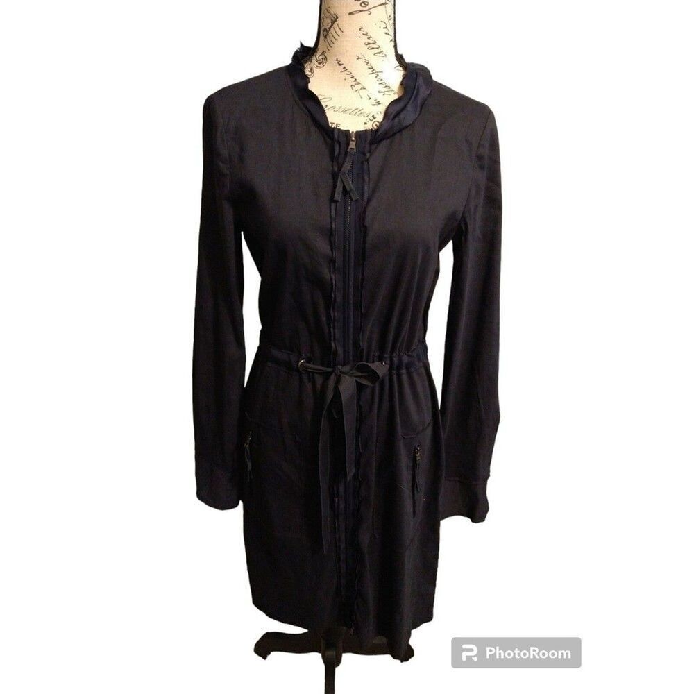 Elie tahari linen tie front long sleeve dress blue sm Classic,Officey
